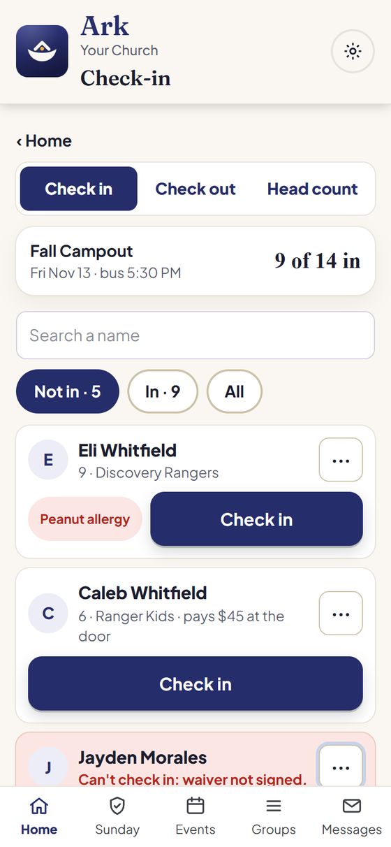 The leader's check-in list for Fall Campout, 9 of 14 in. Each child has one Check in button, and Eli shows a Peanut allergy tag.