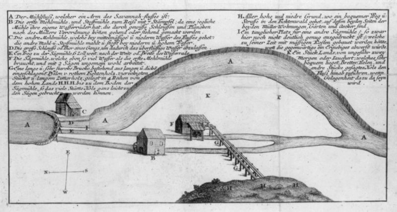 1742 engraved plan of a mill on a curving stream, with German text above